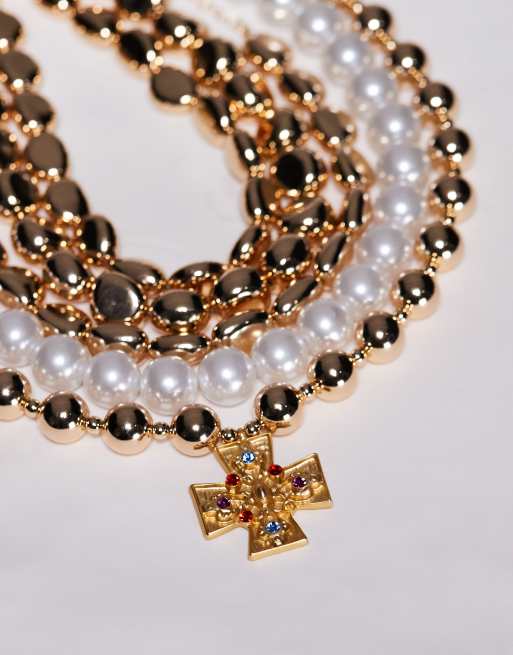 Collier 2 En 1 Croix Dorée Et Perles - Multirang - Neuf Sans Emballage