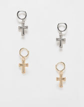 AllSaints cross pendant hoop earrings in gold/black | ASOS