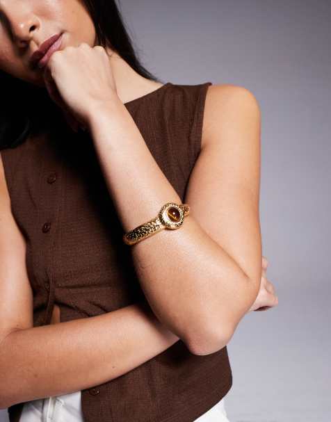 8 Other Reasons cuff bracelet with amber stone in 18k gold plated - view 1