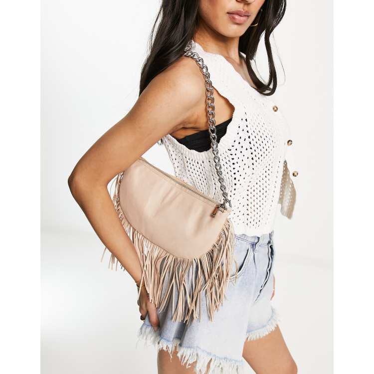 Cross body bag. BOHO suede leather bag in dark beige with FRINGES