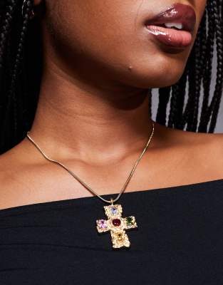 8 Other Reasons 8 Other Reasons molten cross pendant necklace with multi colour stones in 18k gold plated