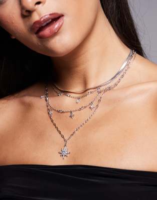 multilayer celestial necklace in rhodium plated-Silver