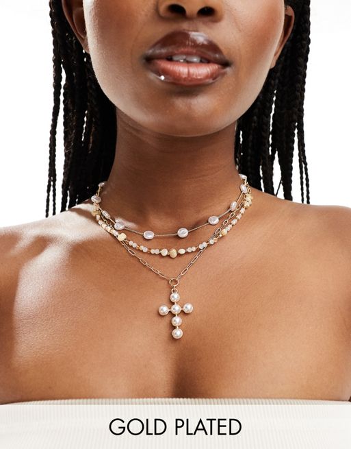 8 Other Reasons multirow cross and pearl necklace in gold plated