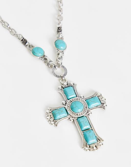 8 Other Reasons oversized cross pendant necklace in silver and turquoise