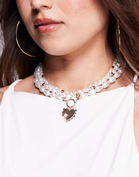 8 Other Reasons pearl layered necklace with heart pendant in gold - view 1