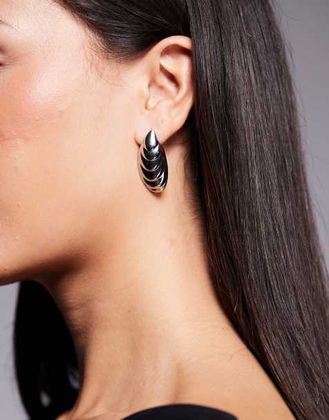 8 Other Reasons ridged large stud earrings in rhodium plated - view 1