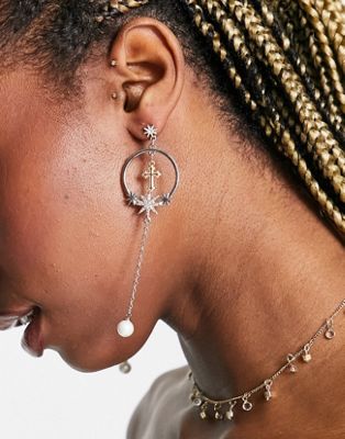 8 Other Reasons sinner pearl drop cross earrings in silver