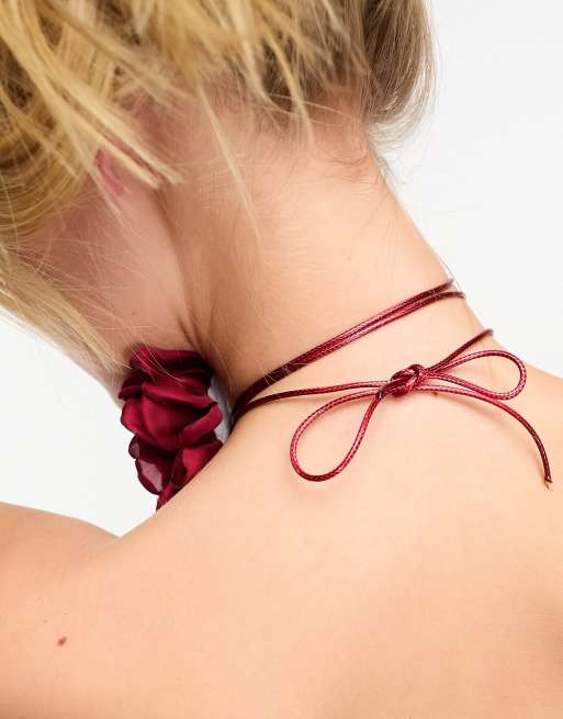 8 Other Reasons - Statement ketting van touw met rozencorsage in donkerrood, 4 van 4
