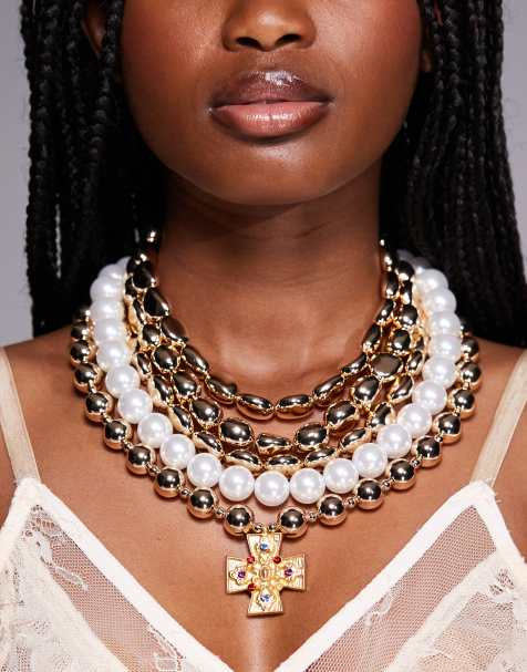 8 Other Reasons statement layered beaded necklace with cross pendant in gold - view 1