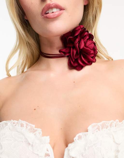 8 Other Reasons statement rose corsage tie necklace in dark red