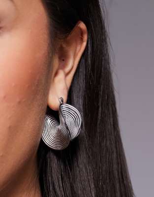 textured hoop earrings in rhodium plated-Silver