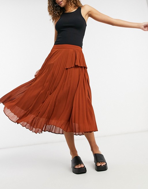 87 origins midi asymmetric pleated skirt in burnt orange
