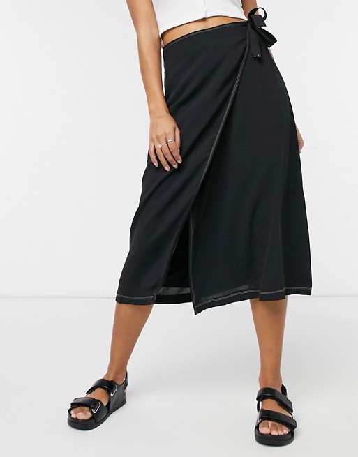 87 origins midi wrap skirt with double stitch detail in black