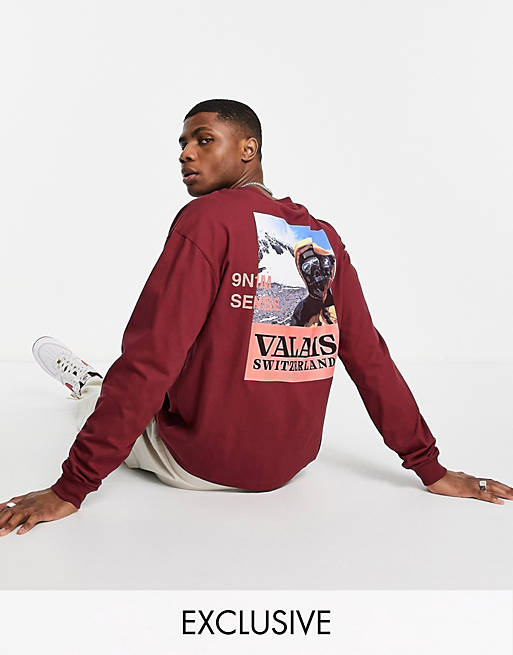 9N1M SENSE exclusive to ASOS long sleeve t-shirt in burgundy with placement print