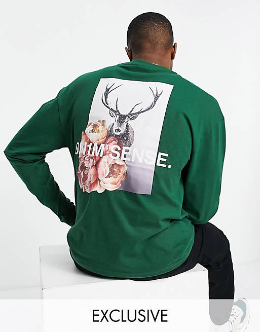 9N1M SENSE exclusive to ASOS long sleeve t-shirt in green with deer placement print