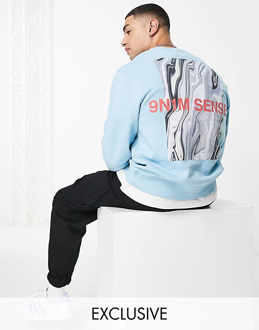 9N1M SENSE exclusive to ASOS sweatshirt in sky blue with photographic print