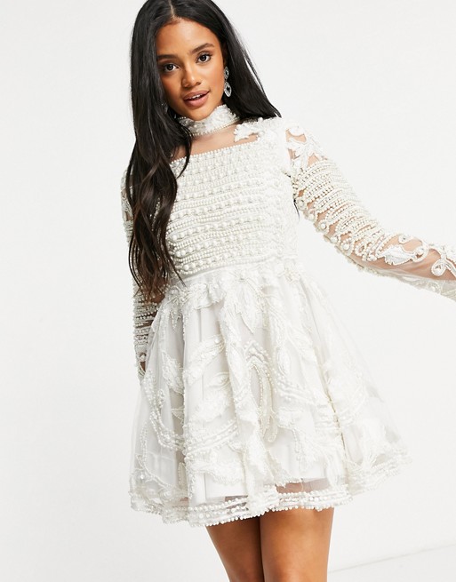 A Star Is Born Bridal embellished long sleeve skater dress in white