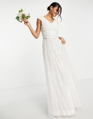 A Star Is Born bridal pearl embellished v neck maxi dress in white