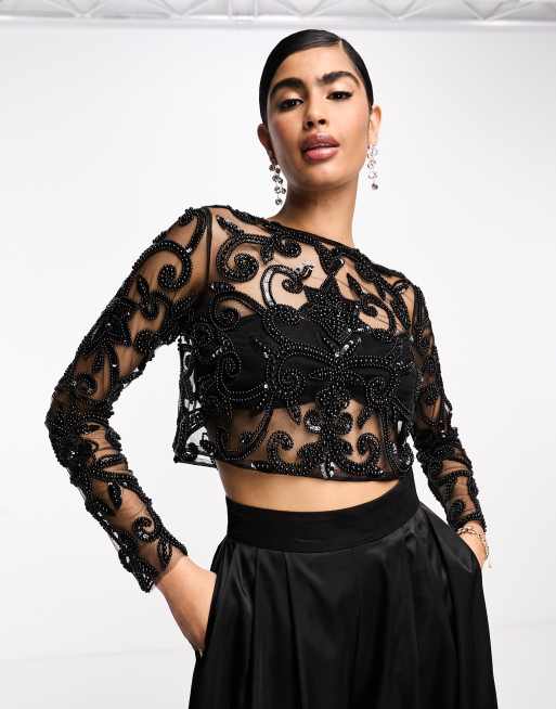 Top Transparent Noir Femme - Manches Longues Maille - Col Rond - Polyester Élastique - Sexy