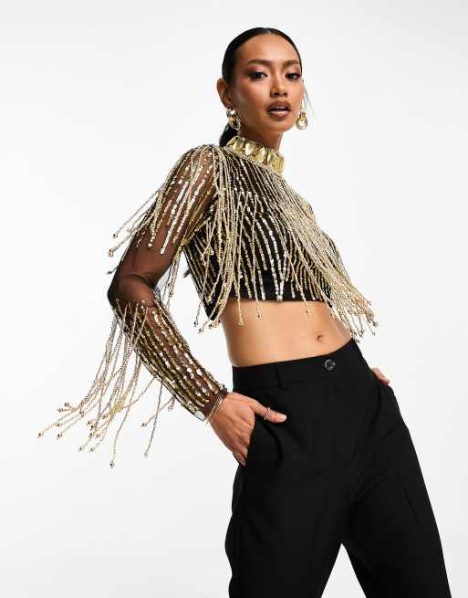 A Star Is Born - Crop top met versiering en franjes in goud