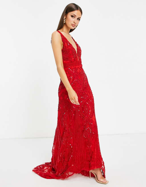 A Star Is Born - Diepuitgesneden maxi-jurk met versiering in rood