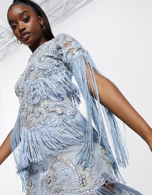 A Star Is Born embellished dress with fringe sleeves in ice blue