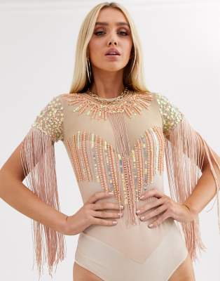 A Star Is Born embellished fringe bodysuit-Pink