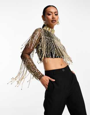 A Star is Born embellished fringe crop top in gold