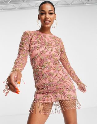 A Star Is Born embellished long sleeve mini dress in pink and gold