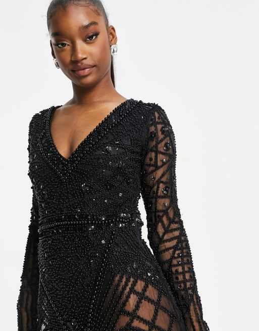 Long sleeve 2025 black embellished dress