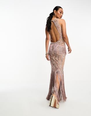 A Star is Born embellished maxi dress with tassels in mocha-Neutral