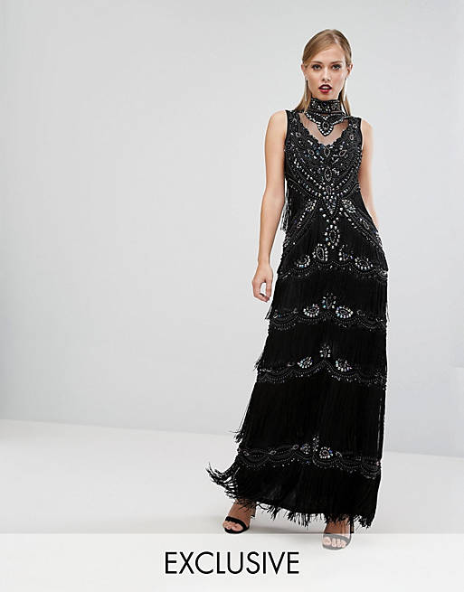 A Star Is Born Embellished Maxi Dress With Tiered Fringing And Cap Sleeve