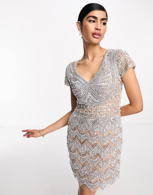 A Star is Born embellished mini dress in scallop embellishment in silver