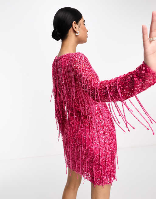 A Star is Born embellished plunge front tassel mini dress in bright pink ASOS