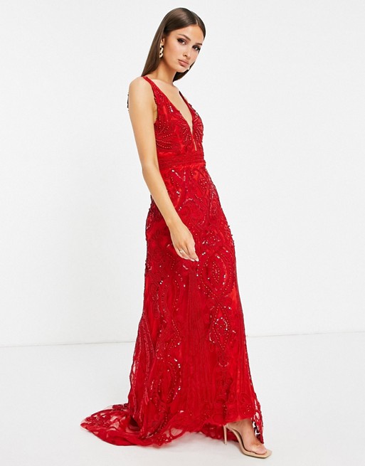 A Star Is Born embellished plunge maxi dress in red