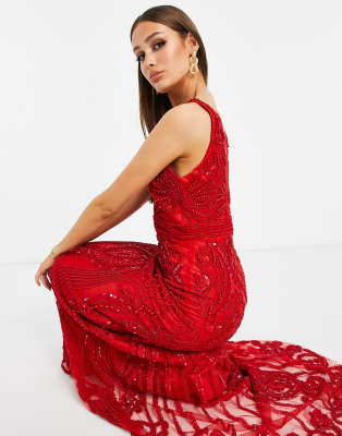 A Star Is Born embellished plunge maxi dress in red