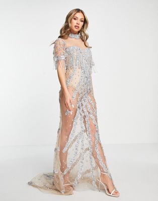 A Star Is Born embellished sheer maxi dress in silver