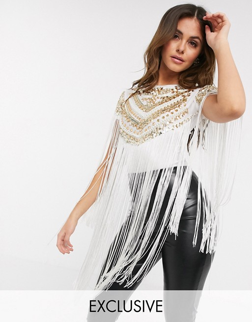 A Star Is Born exclusive embellished fringe bodysuit in white and gold sequin