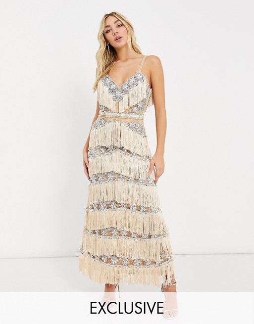 A Star Is Born exclusive embellished fringe midaxi dress in silver and gold