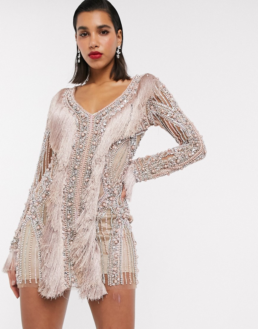 A Star Is Born exclusive embellished mini dress with pearls and fringe detail in taupe-silver