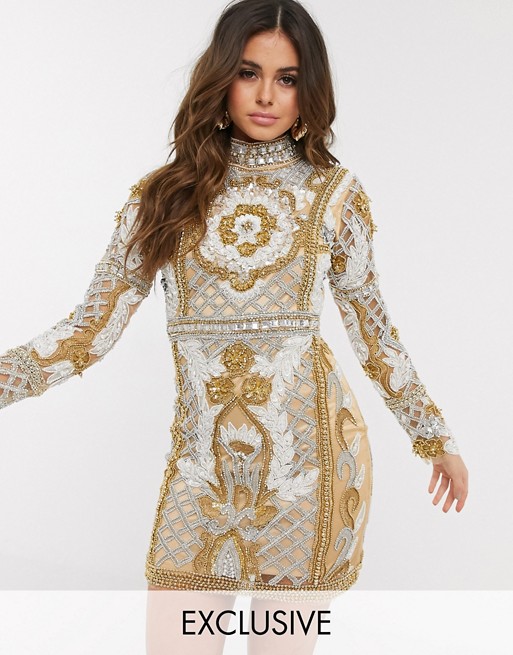A Star Is Born exclusive high neck embellished mini dress in gold multi