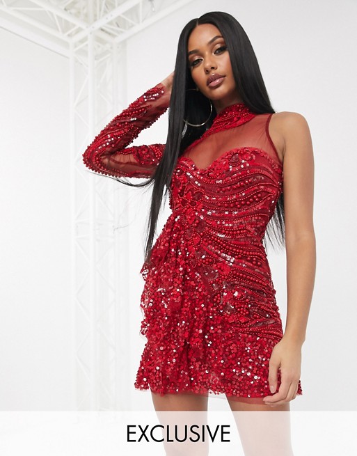 A Star Is Born exclusive one shoulder embellished mini dress with ruffle detail in red