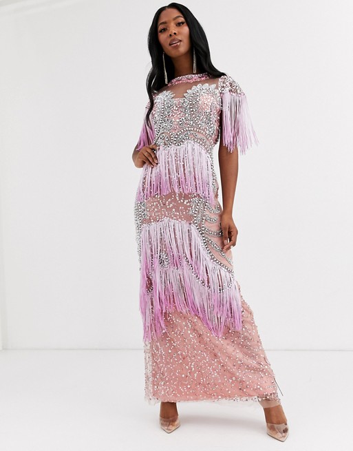 A Star Is Born fringe embellished maxi dress with sheer panels