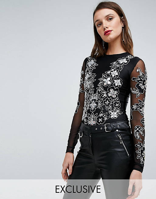 A Star Is Born Going Out Embellished Bodysuit with Embellishment and Embroidery