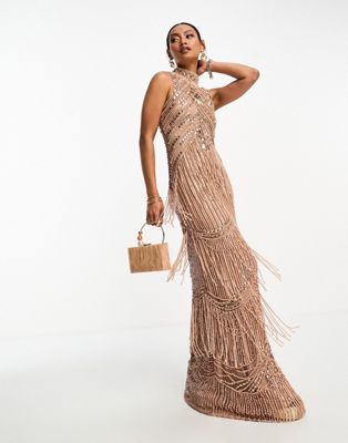 A Star is Born high neck embellished maxi dress in taupe
