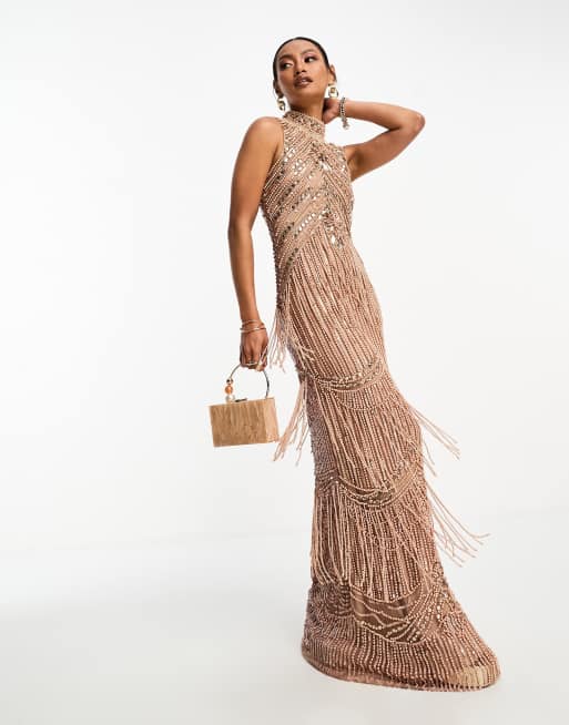 A Star Is Born - Hoogsluitende maxi jurk met versiering in taupe 