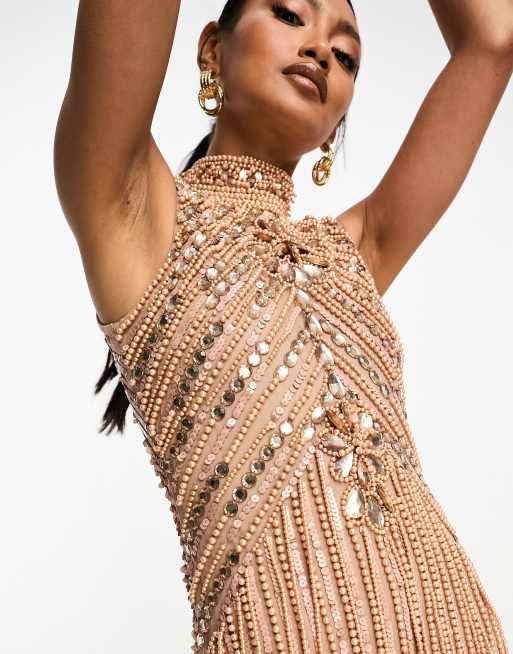 A Star Is Born - Hoogsluitende maxi jurk met versiering in taupe , 2 van 4