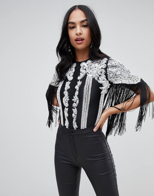 A Star is Born - Iriserend bodysuit met kralen in zwart