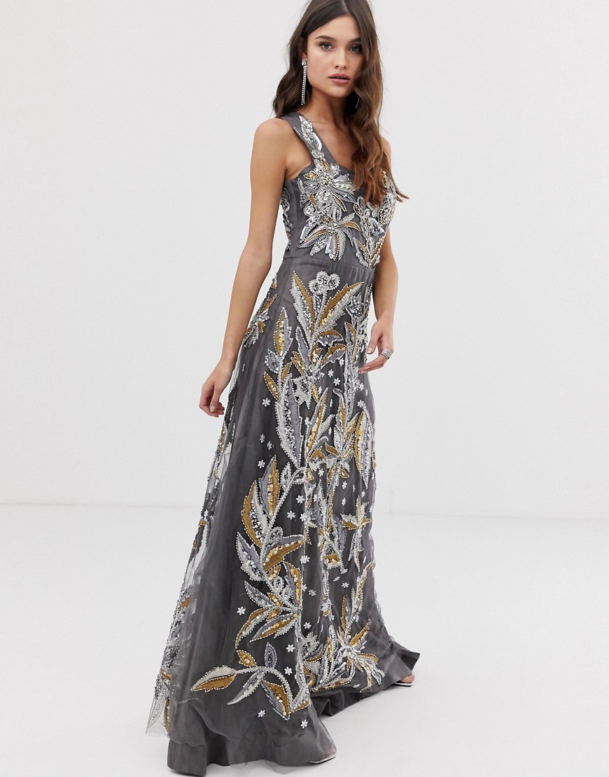 A Star Is Born maxi dress in embellishment with square neck detail in grey