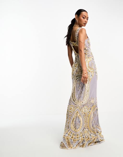 A Star Is Born - Maxi jurk met vierkante hals in grijs met gouden versiering , 2 van 4